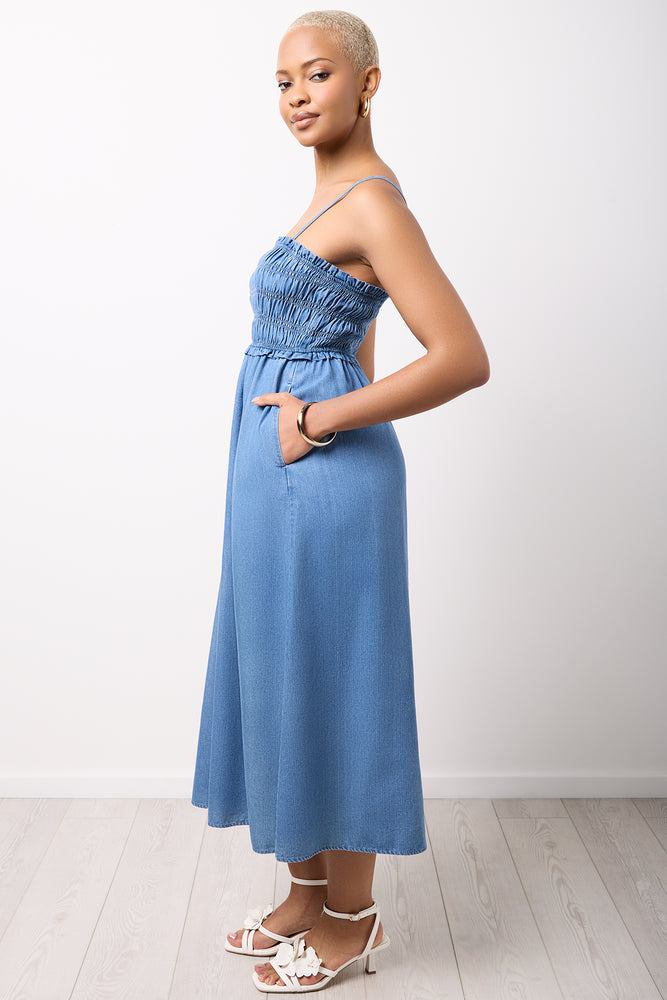 Ruched Chambray Midi Dress (1)