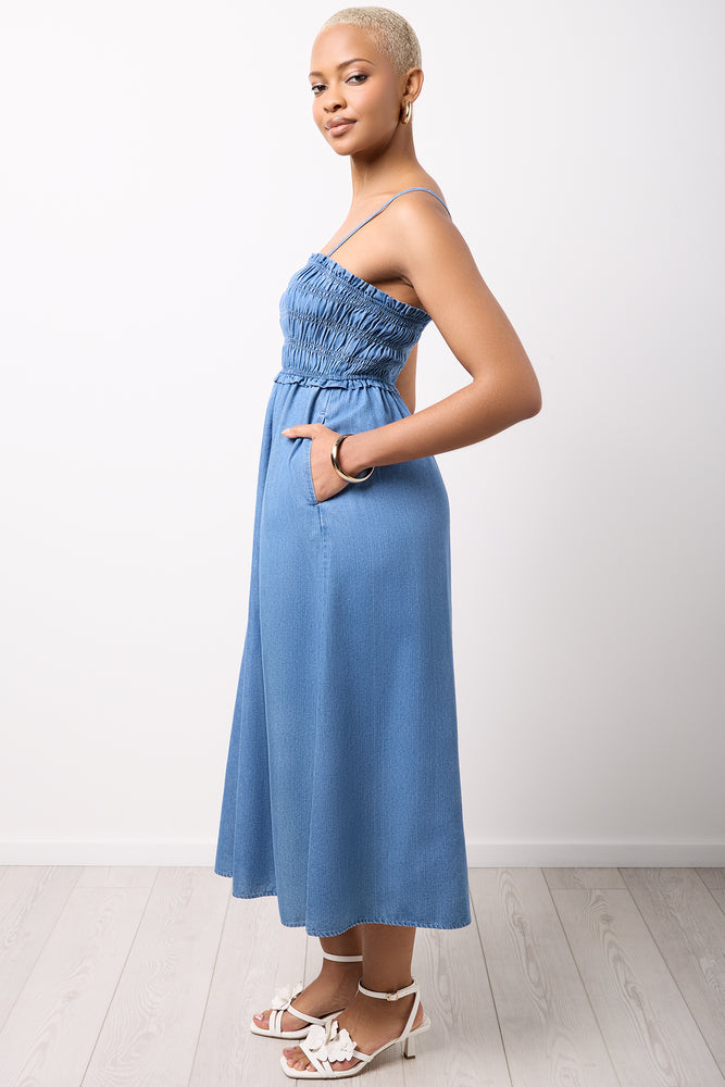 Ruched Chambray Midi Dress (1)