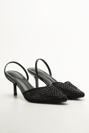 Black Embellished Kitten Heel Slingbacks