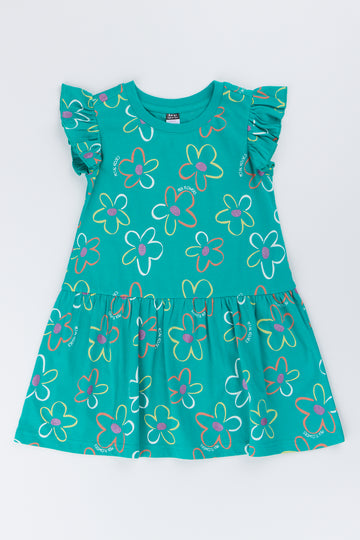 Green Daisy Print Frill Dress