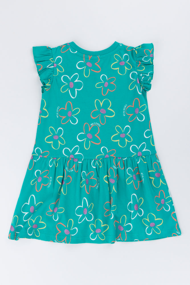 Green Daisy Print Frill Dress (2)