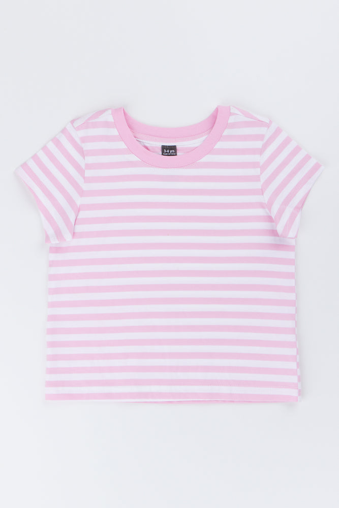 Pink Striped Cotton Crewneck T-Shirt