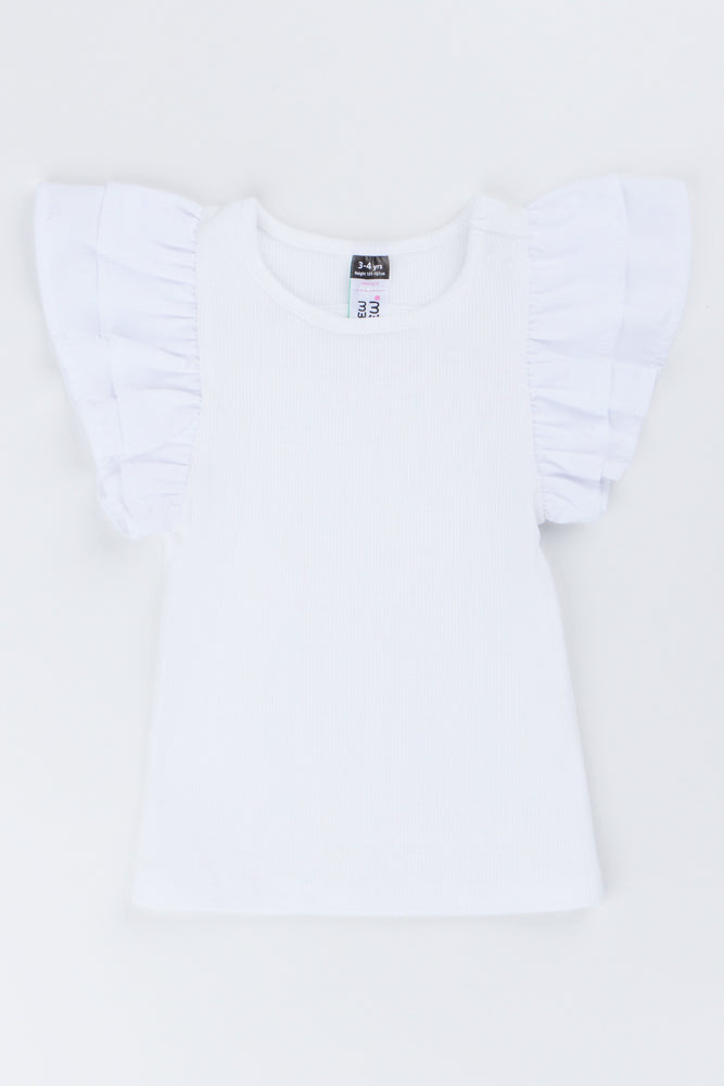 White Ribbed Frill Sleeve Top