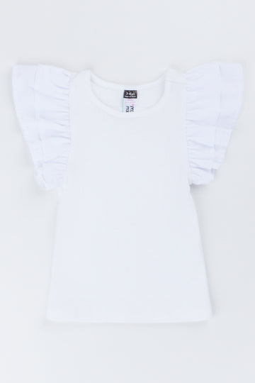 White Ribbed Frill Sleeve Top