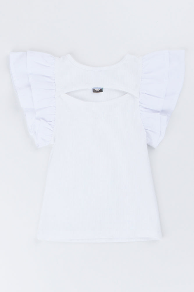 White Ribbed Frill Sleeve Top (2)