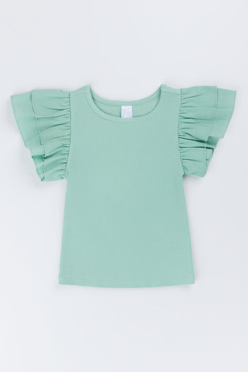 Sage Ribbed Frill Sleeve Top