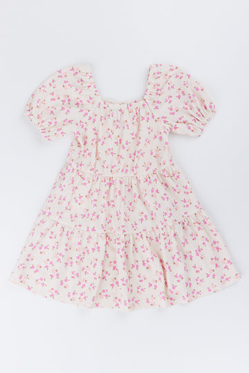 Cream Floral Puff Sleeve Dress