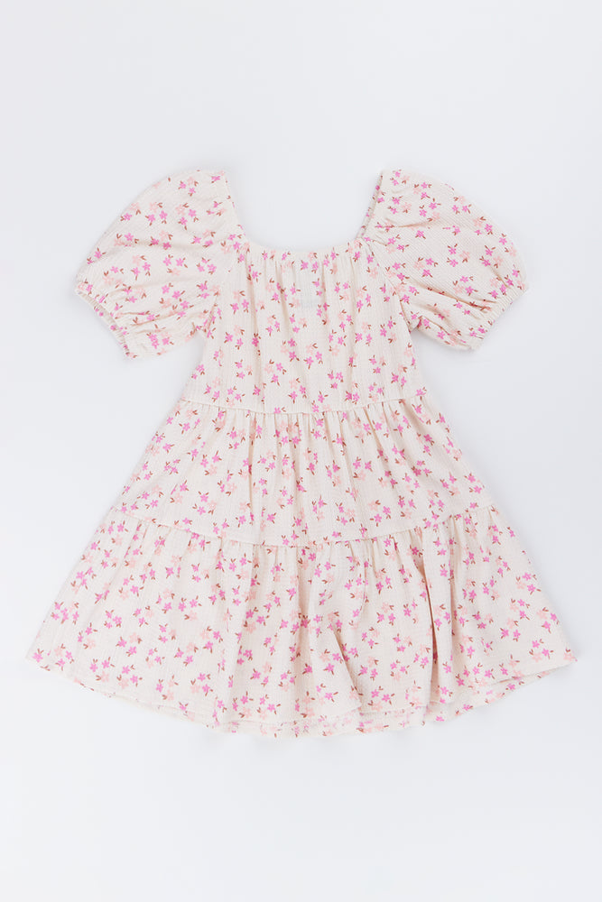 Cream Floral Puff Sleeve Dress (2)