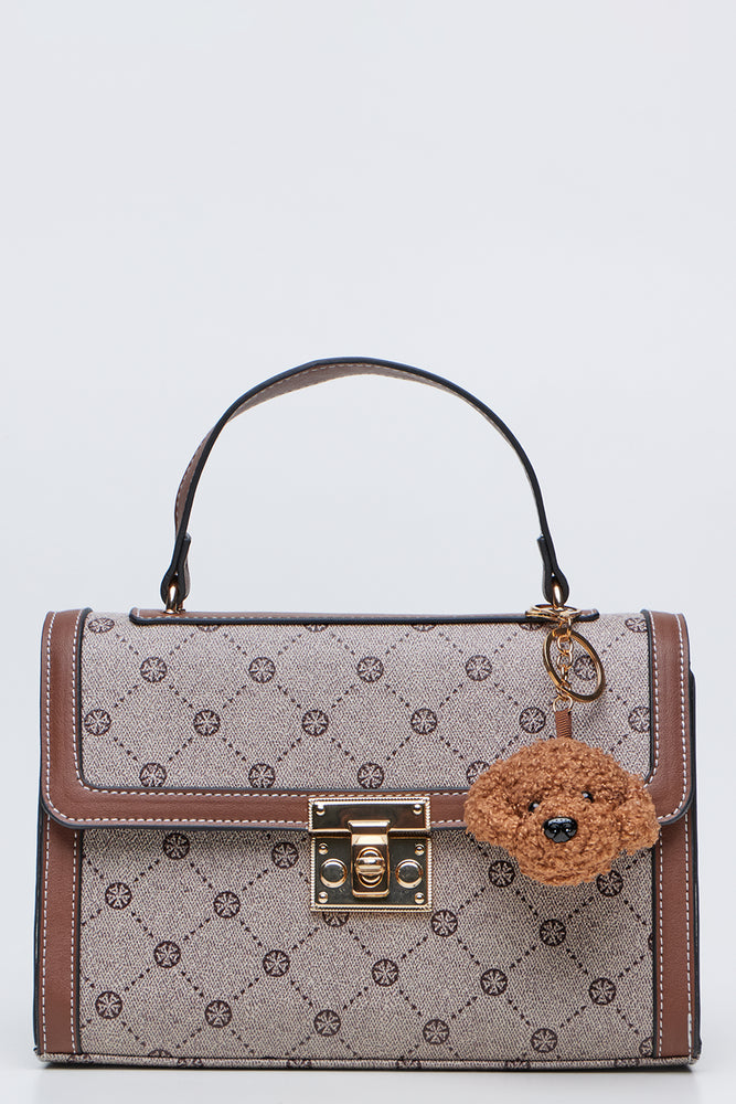 Tan Patterned Top Handle Clutch