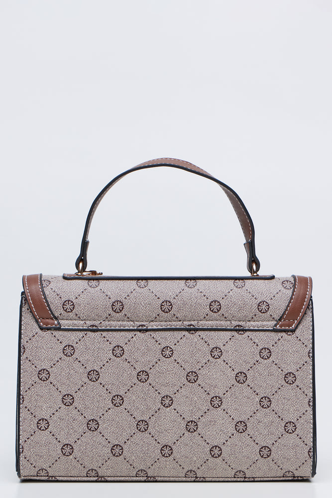 Tan Patterned Top Handle Clutch (1)
