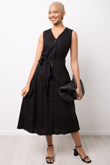 Black Linen Blend Shirt Dress