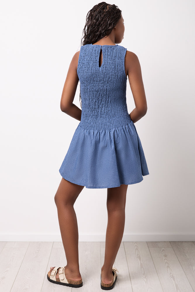 Light Blue Shirred Denim Dress (2)