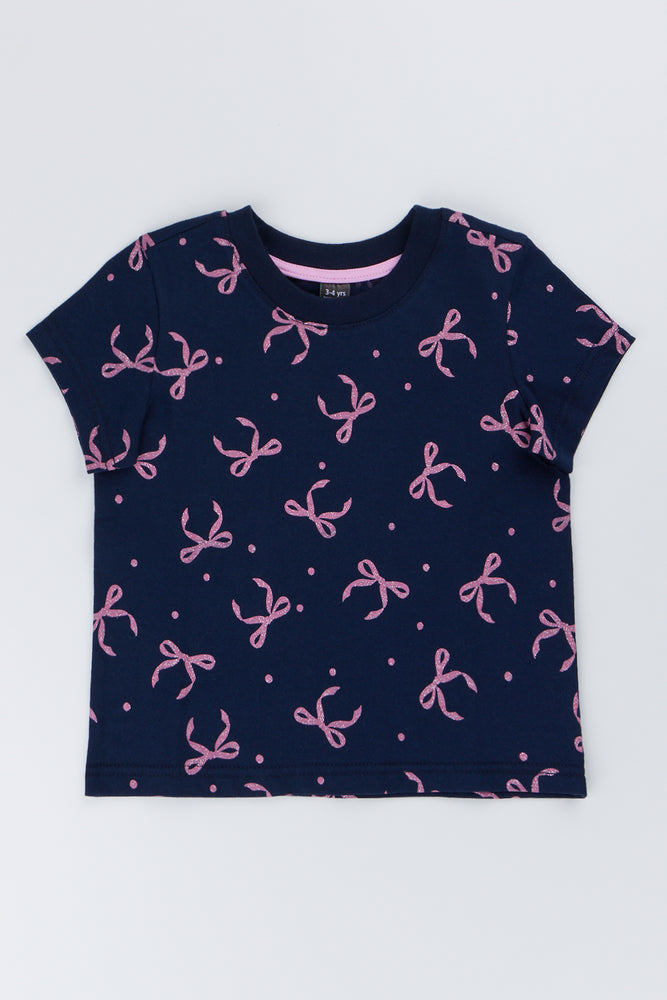 Navy Bow Print Cotton T-Shirt