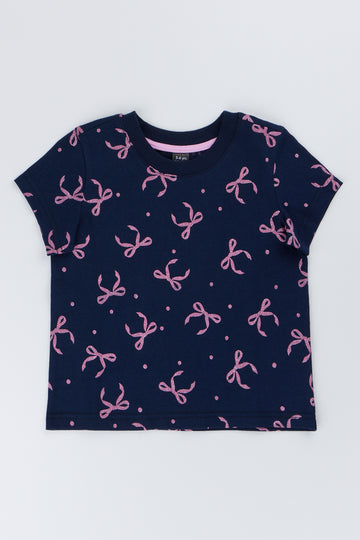 Navy Bow Print Cotton T-Shirt