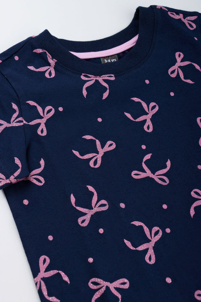 Navy Bow Print Cotton T-Shirt (1)