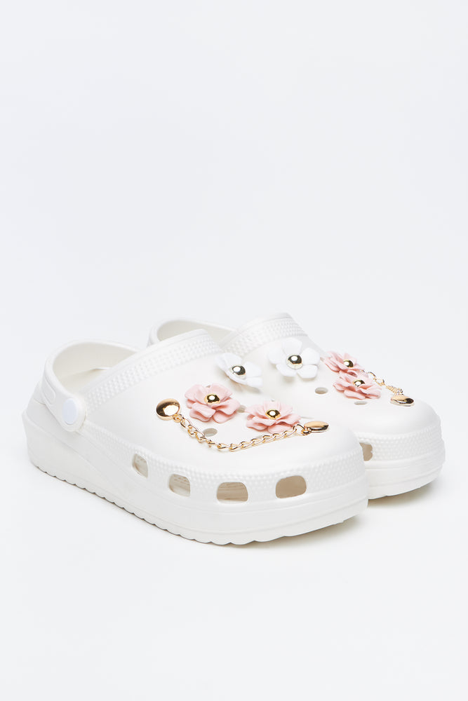 White Floral Embellished Clogs