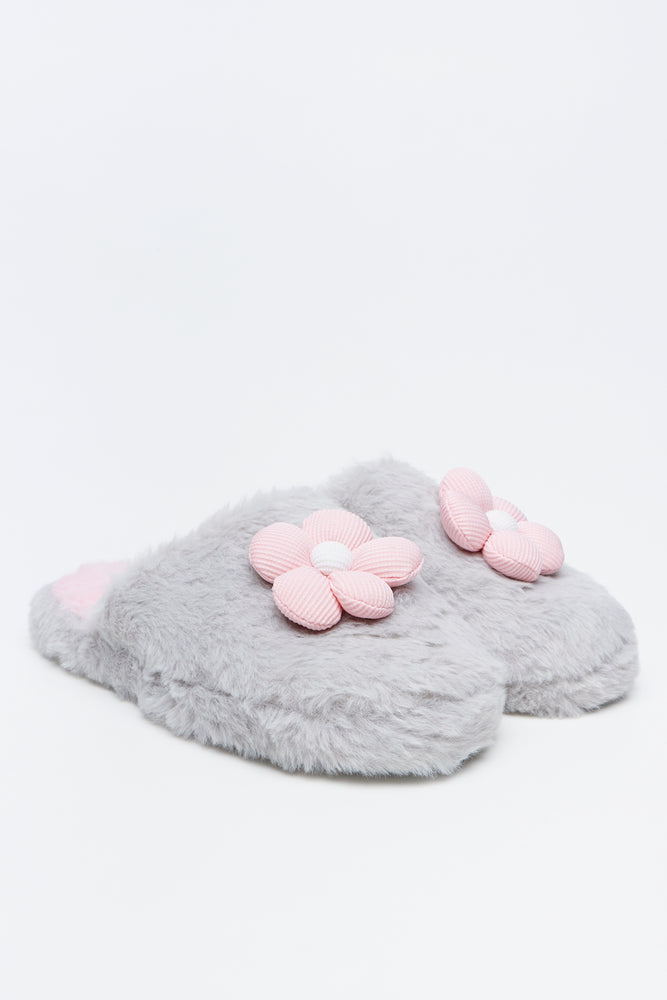 Light Grey Daisy Plush Slippers