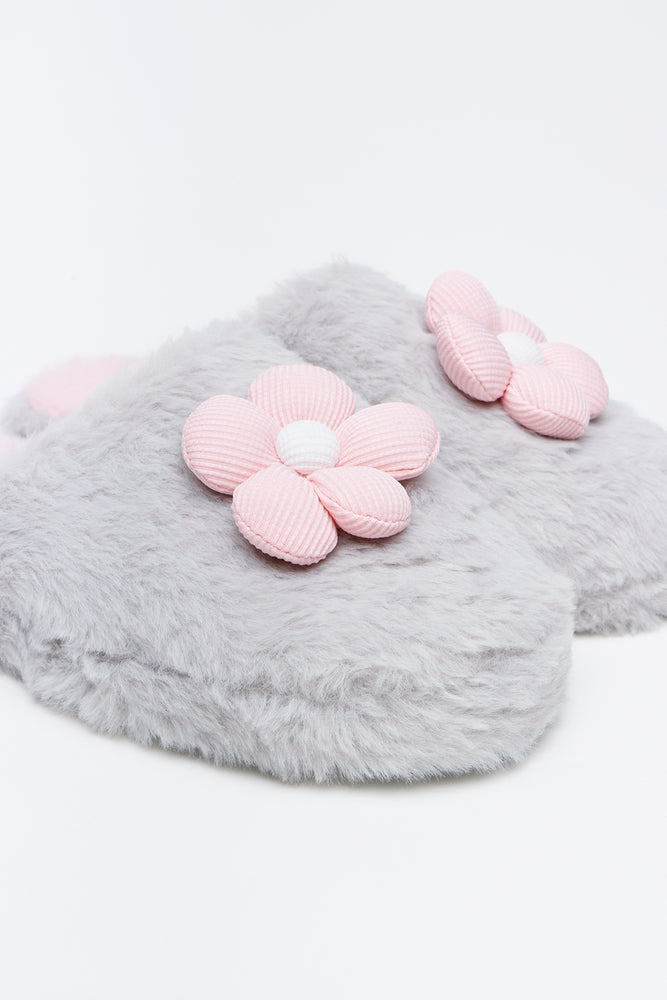 Light Grey Daisy Plush Slippers (2)