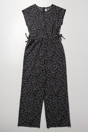 Black Floral Print Crinkle Jumpsuit