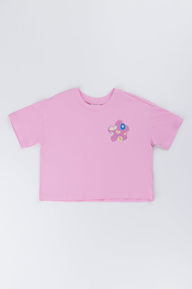 Pink Badge Print Boxy T-Shirt