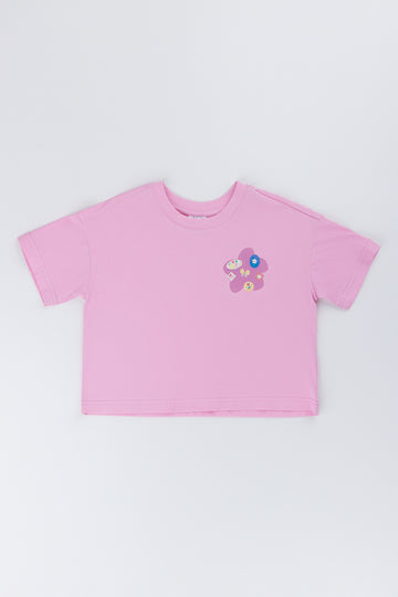 Pink Badge Print Boxy T-Shirt
