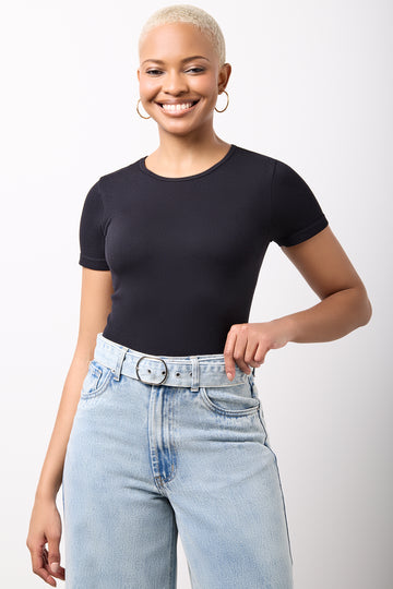 Black Ribbed Seamless Short-Sleeve Bodysuit