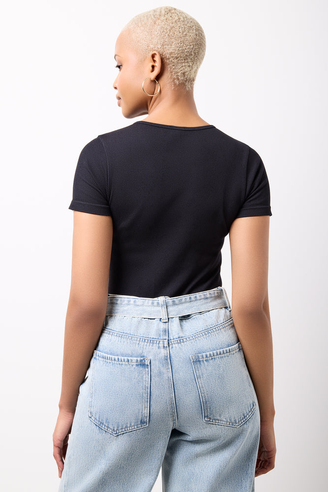 Black Ribbed Seamless Short-Sleeve Bodysuit (2)