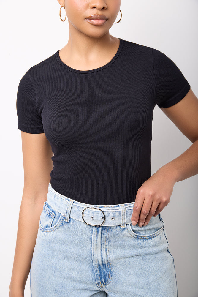 Black Ribbed Seamless Short-Sleeve Bodysuit (3)