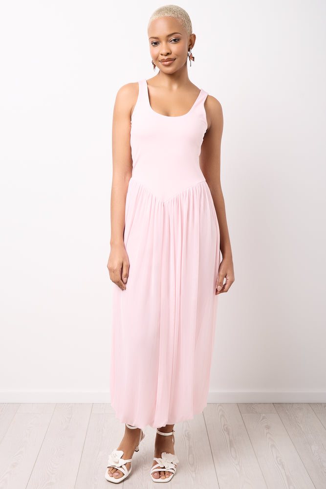 Pink Sleeveless Mesh Layered Dress