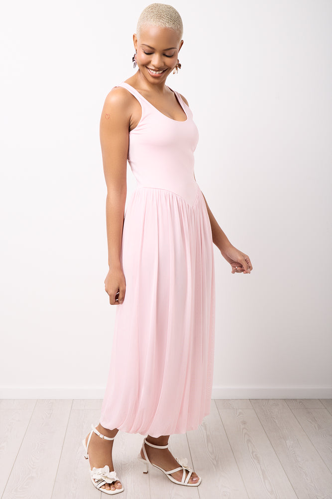 Pink Sleeveless Mesh Layered Dress (1)