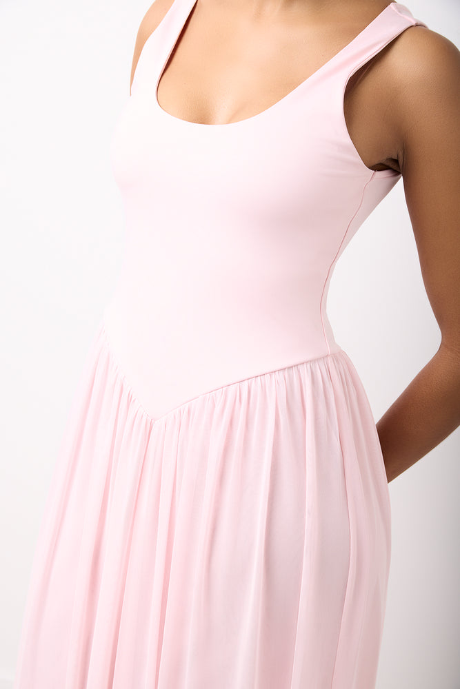 Pink Sleeveless Mesh Layered Dress (3)