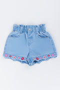 Floral Embroidered Paperbag Denim Shorts