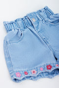 Floral Embroidered Paperbag Denim Shorts (1)