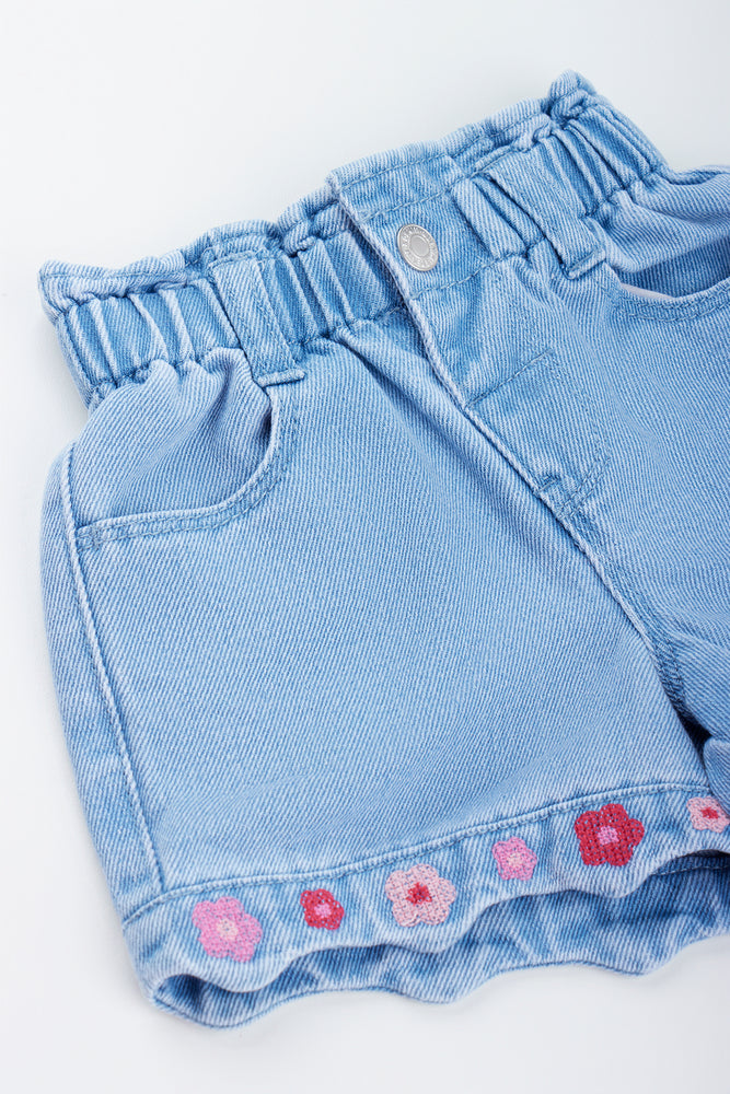 Floral Embroidered Paperbag Denim Shorts (1)