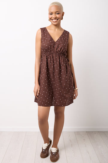 Chocolate Spotted V-Neck Linen Dress