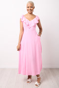 Pink V Neck Frilled Midi Dress