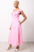 Pink V Neck Frilled Midi Dress (1)