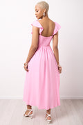 Pink V Neck Frilled Midi Dress (2)