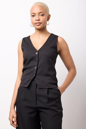 Black Textured Sleeveless Button Vest