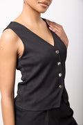 Black Textured Sleeveless Button Vest (3)