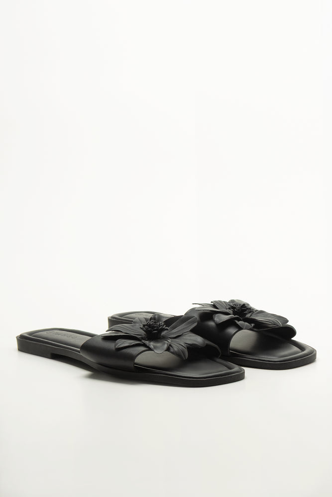 Black Floral Detail Mule Sandals