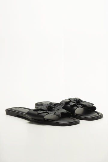Black Floral Detail Mule Sandals