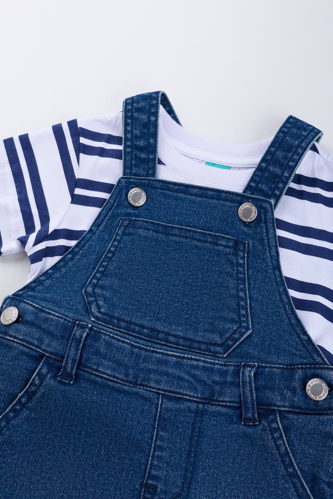 Navy Denim Dungaree Striped Set (1)