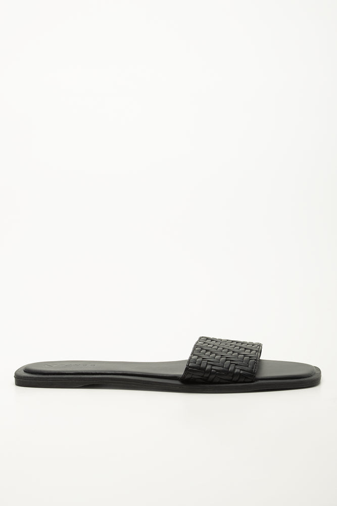Black Embossed Weave Mule Sandals (1)