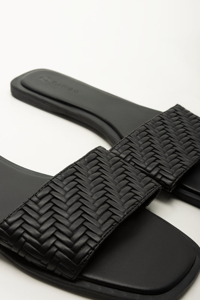 Black Embossed Weave Mule Sandals (2)