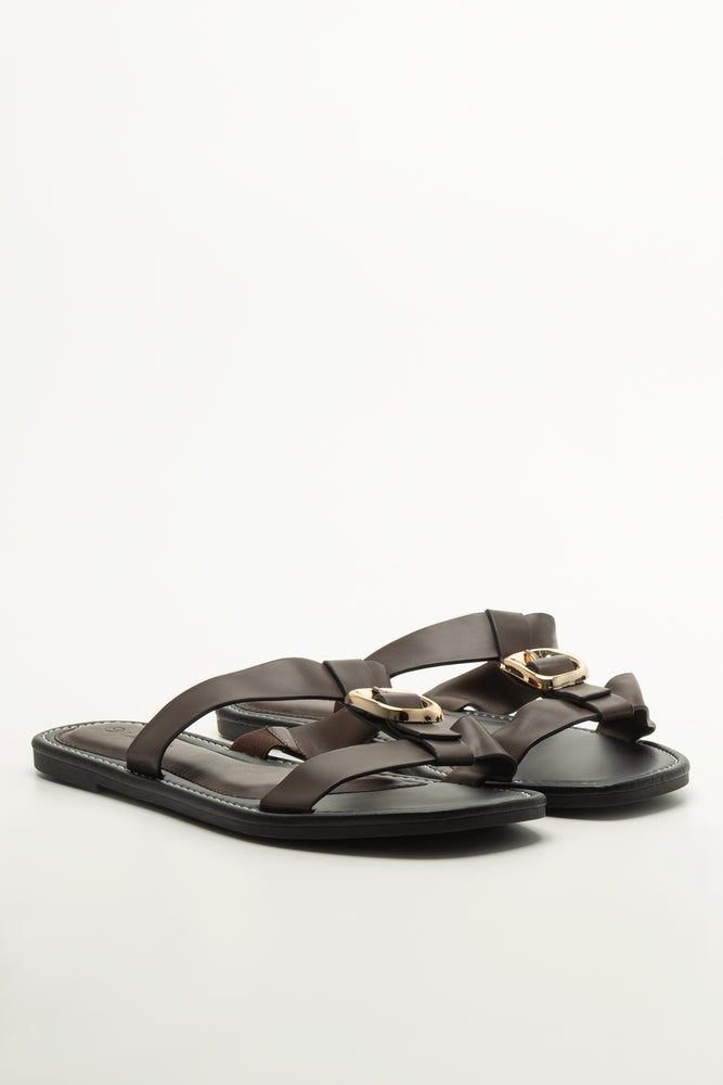 Brown Buckle Detail Thong Sandals