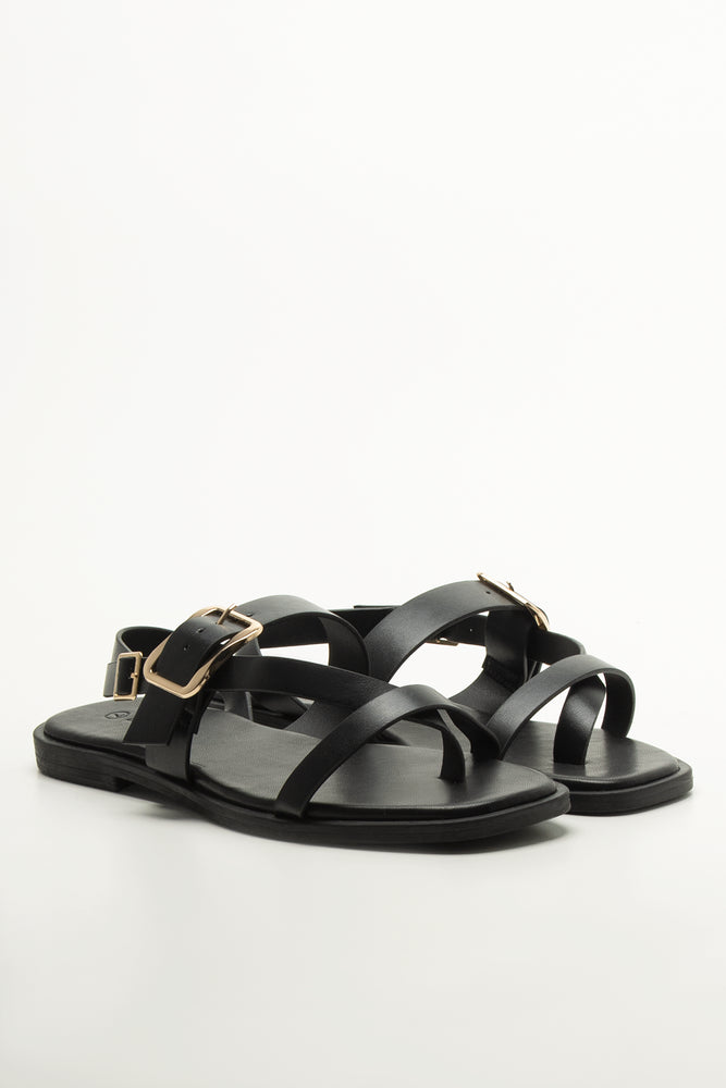 Black Asymmetric Buckle Ankle Sandals