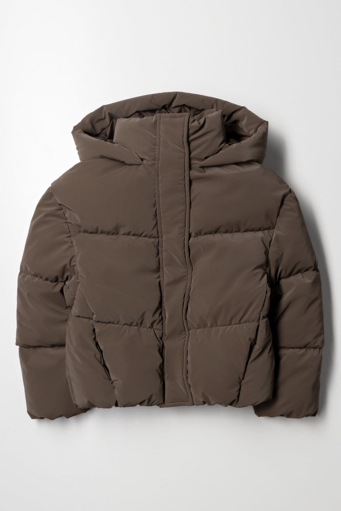 Coated Fabric Hooded Puffer Jacket Brown
