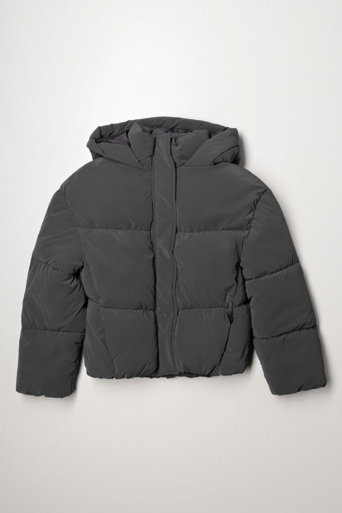 Coated Fabric Hooded Puffer Jacket Dark Grey