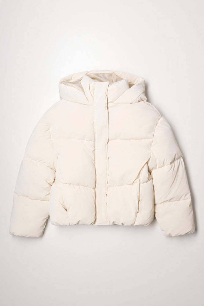 Coated Fabric Hooded Puffer Jacket White